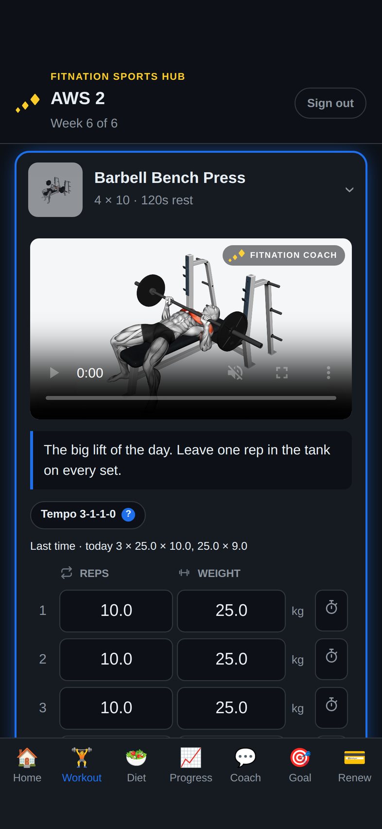 The client app playing a demo of the barbell bench press, with tempo, last week&rsquo;s weight and a rest timer