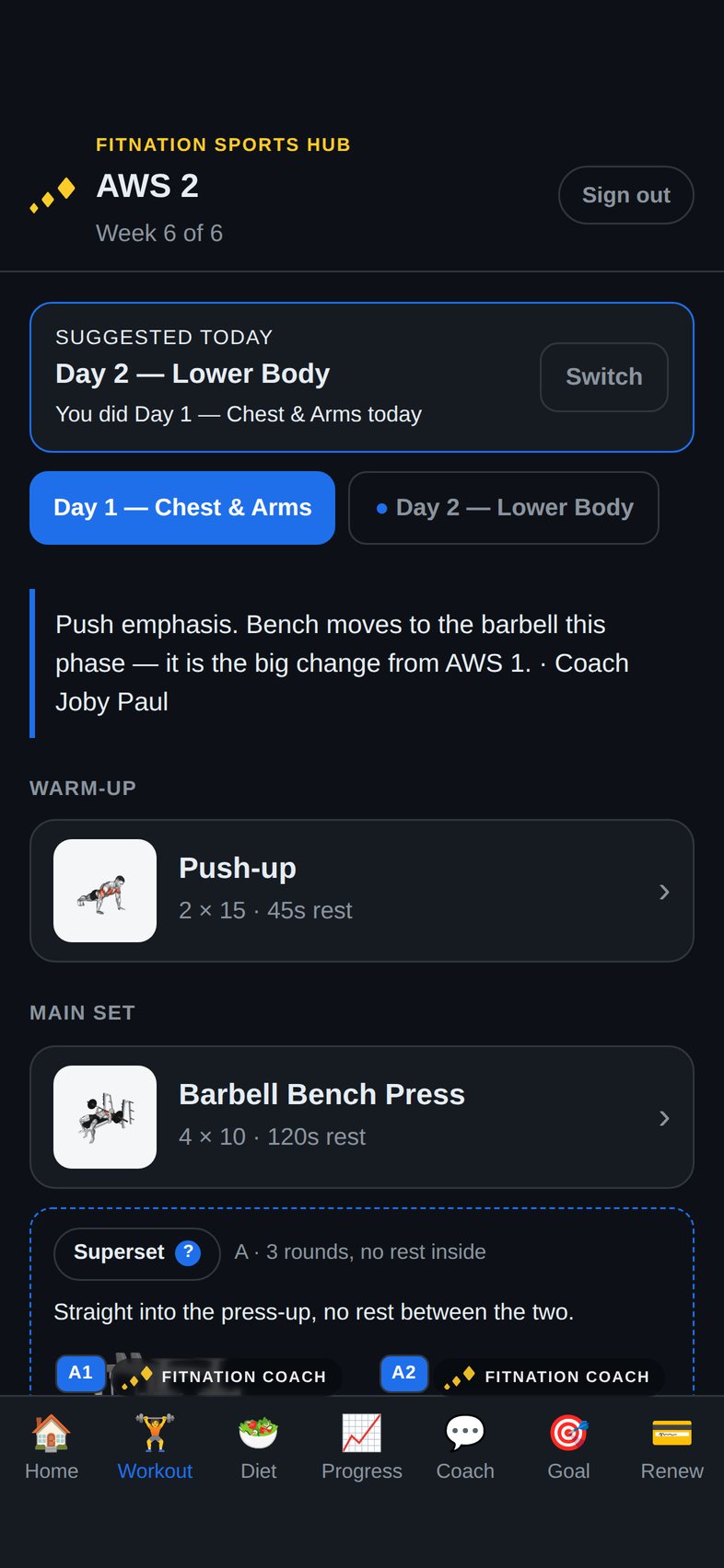 Client workout screen