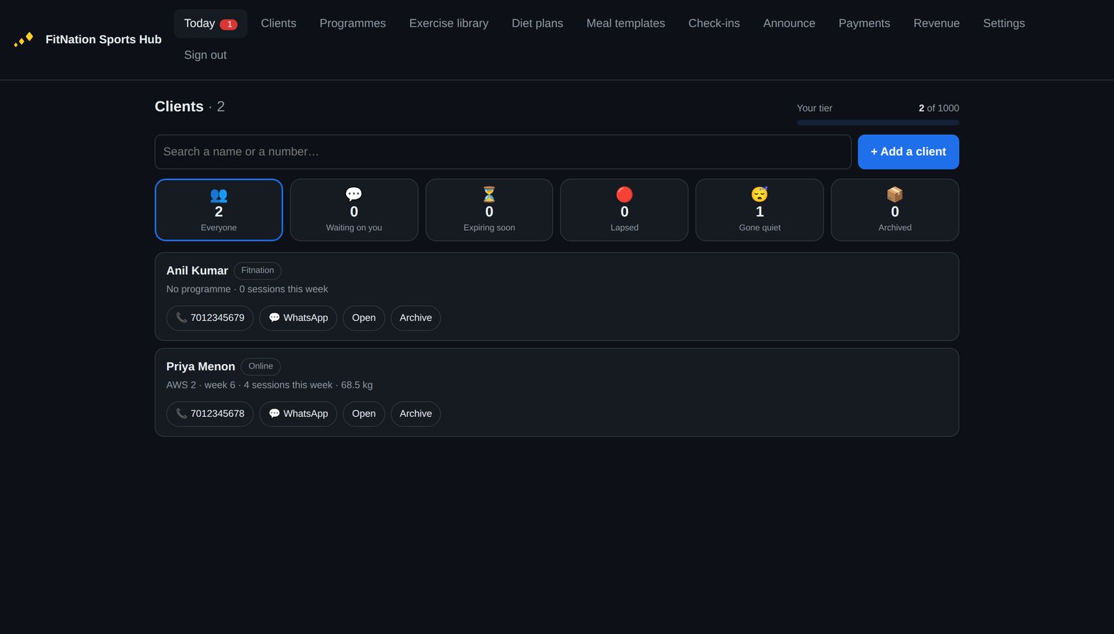 The clients screen with filters and tap-to-call
