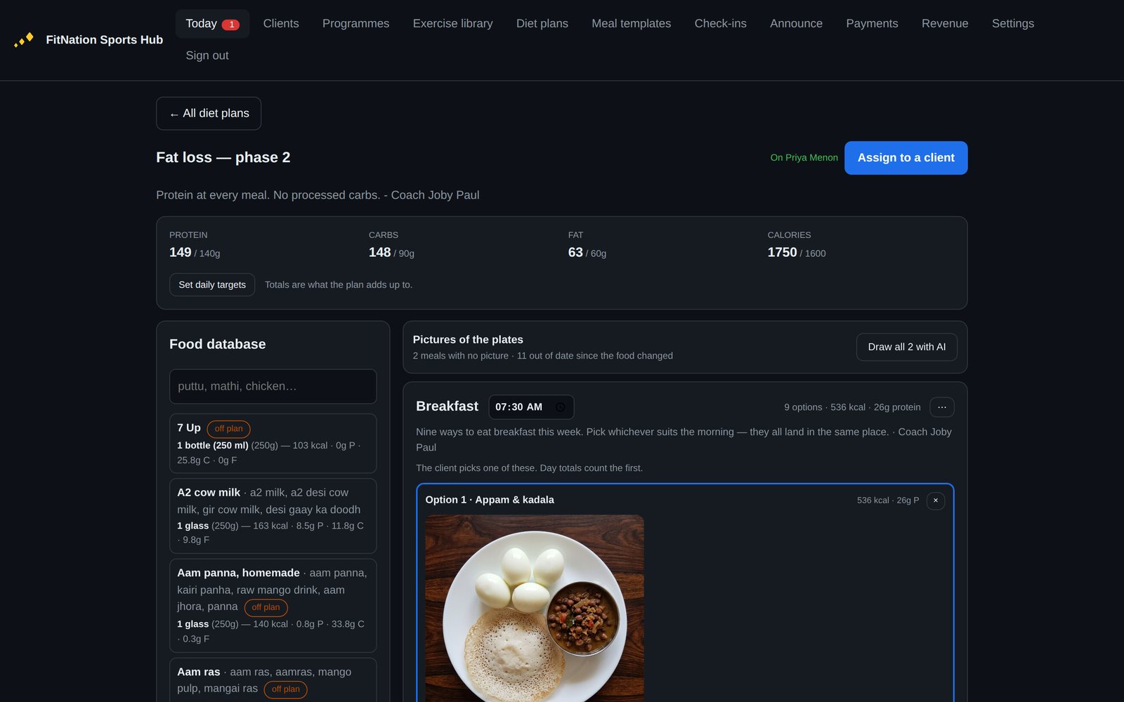 Building a diet plan from the food database