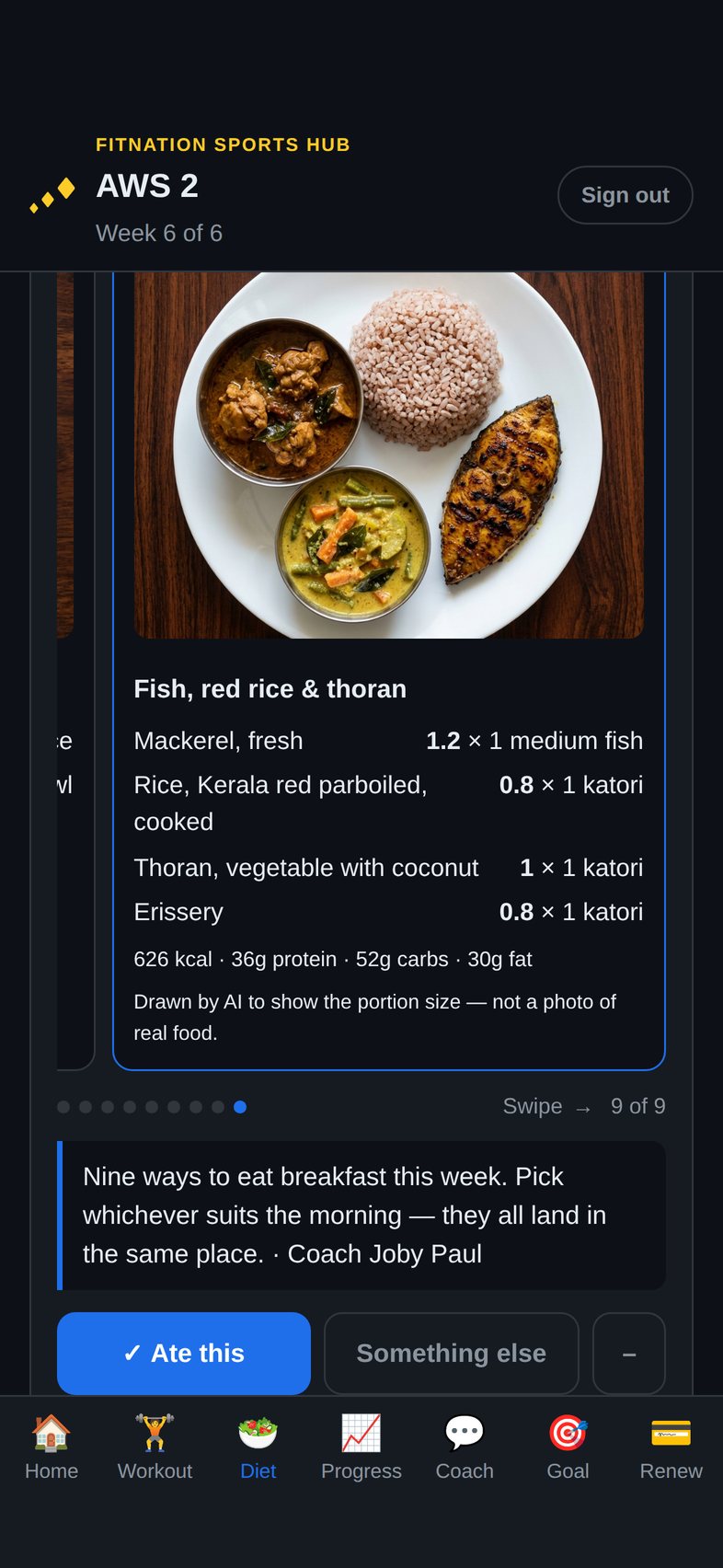 Fish, red rice & thoran